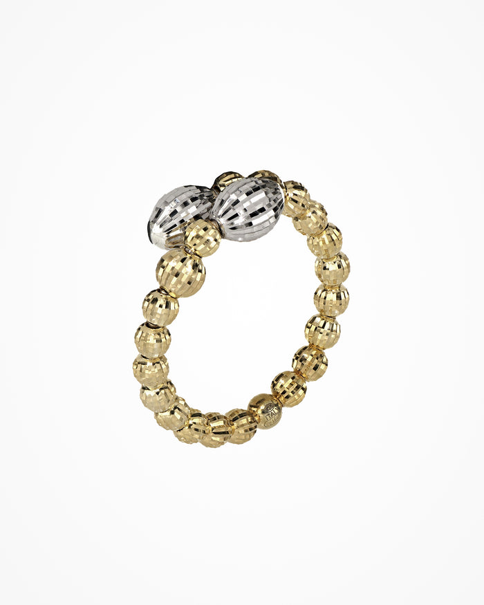 Anello Contrarie in argento con doppio elemento Crystal, placcatura oro giallo e rodio. Design aperto con due elementi contrapposti e cristalli luminosi, stile elegante contemporaneo