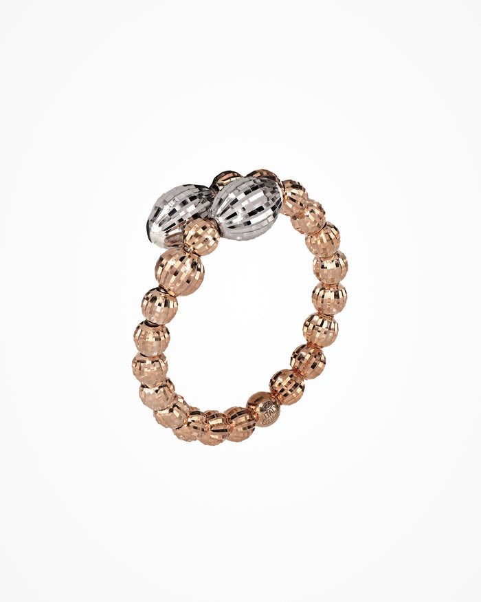 Anello Contrarie in argento con cristalli, due elementi contrapposti, placcato oro rosa e rodio, design aperto ed elegante