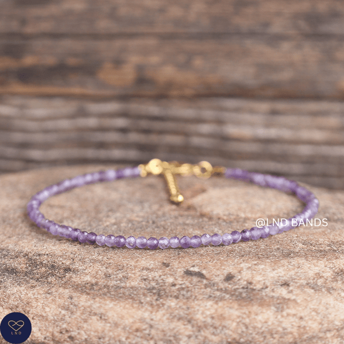 Anklet: Amethyst 3mm Faceted, Meditation Bohemian Yoga Tibetan, Balance protection - LND Bands