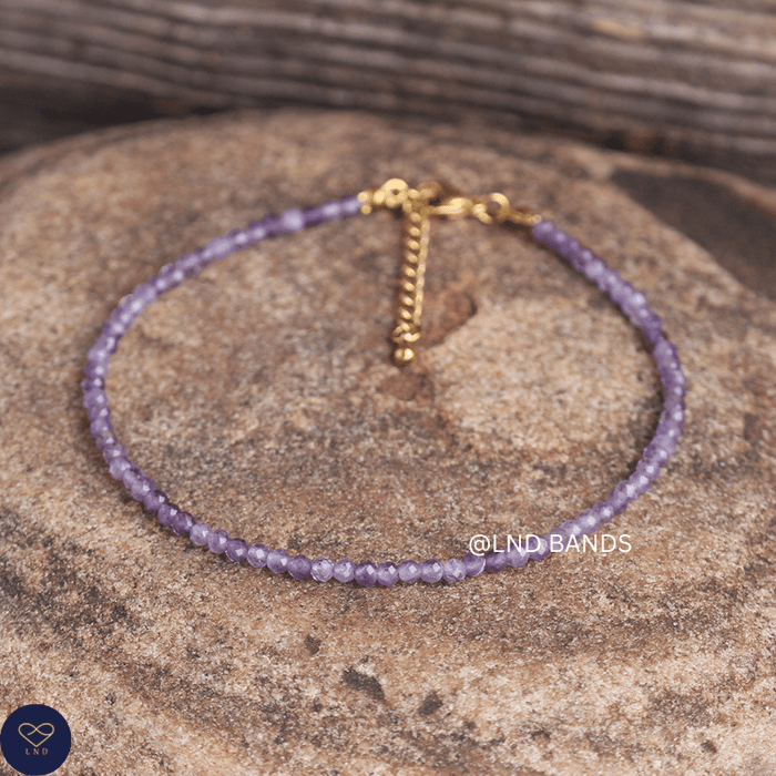Anklet: Amethyst 3mm Faceted, Meditation Bohemian Yoga Tibetan, Balance protection - LND Bands