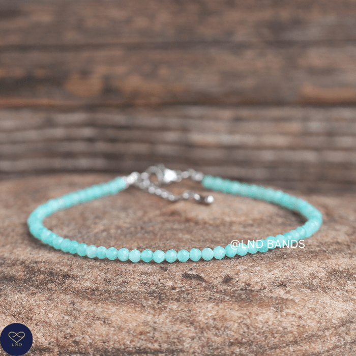 Anklet: Amzonite 3mm Faceted, Meditation Bohemian Yoga Tibetan, love calming - LND Bands