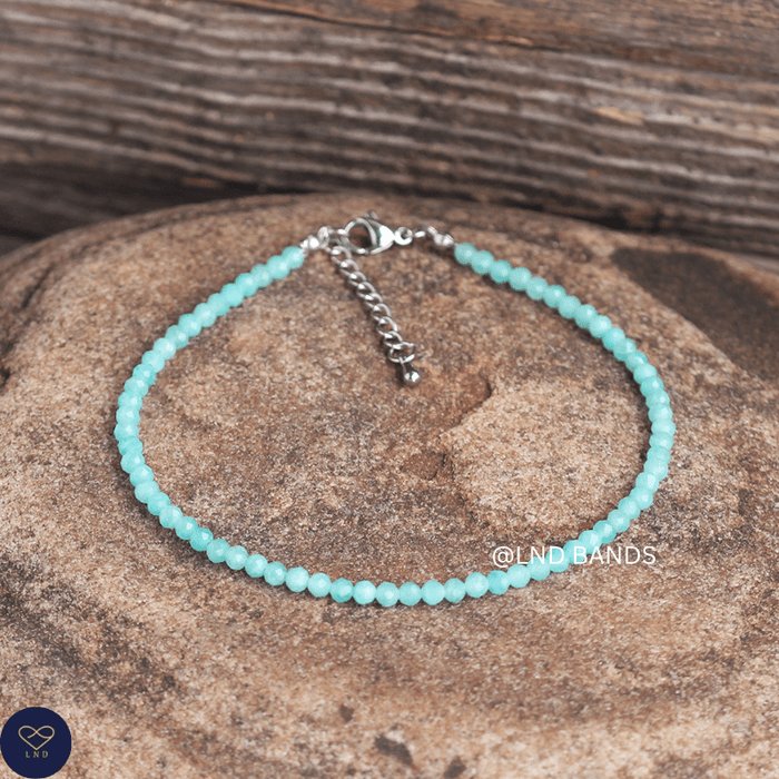 Anklet: Amzonite 3mm Faceted, Meditation Bohemian Yoga Tibetan, love calming - LND Bands