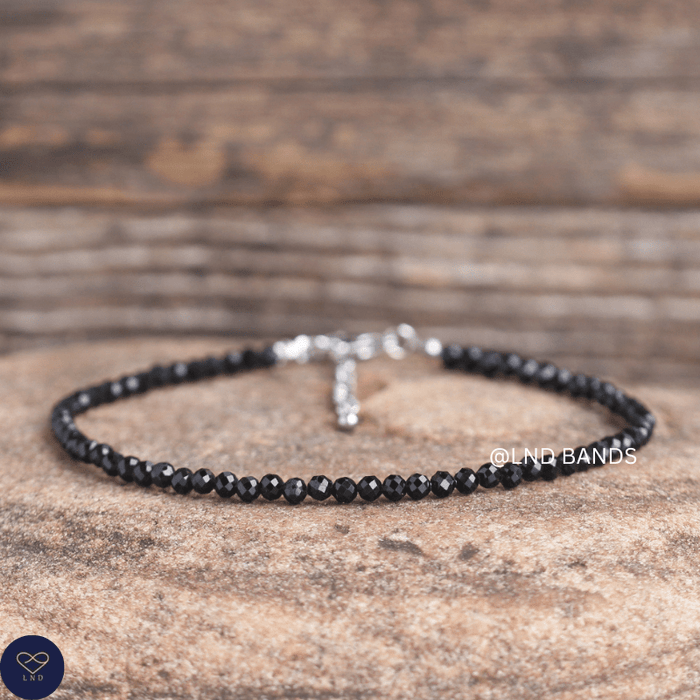 Anklet: Black Tourmaline 3mm Faceted, Meditation Bohemian Yoga Tibetan, grounding serenity - LND Bands