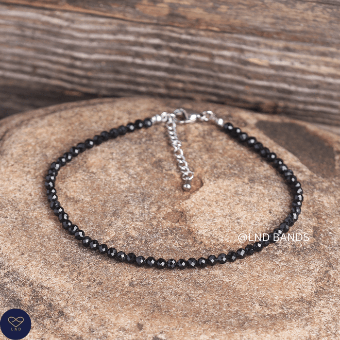 Anklet: Black Tourmaline 3mm Faceted, Meditation Bohemian Yoga Tibetan, grounding serenity - LND Bands