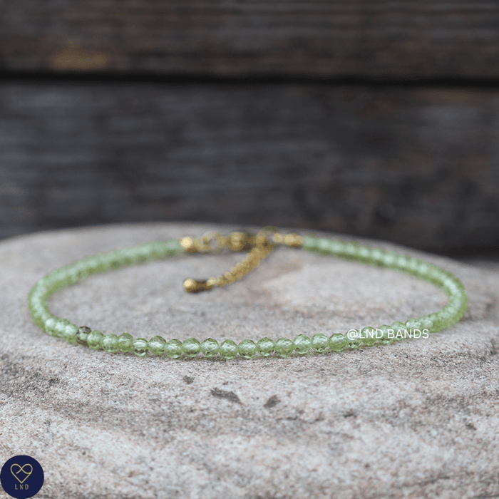 Anklet: Peridot 3mm Faceted, Meditation Bohemian Yoga Tibetan, balance harmony creativity - LND Bands