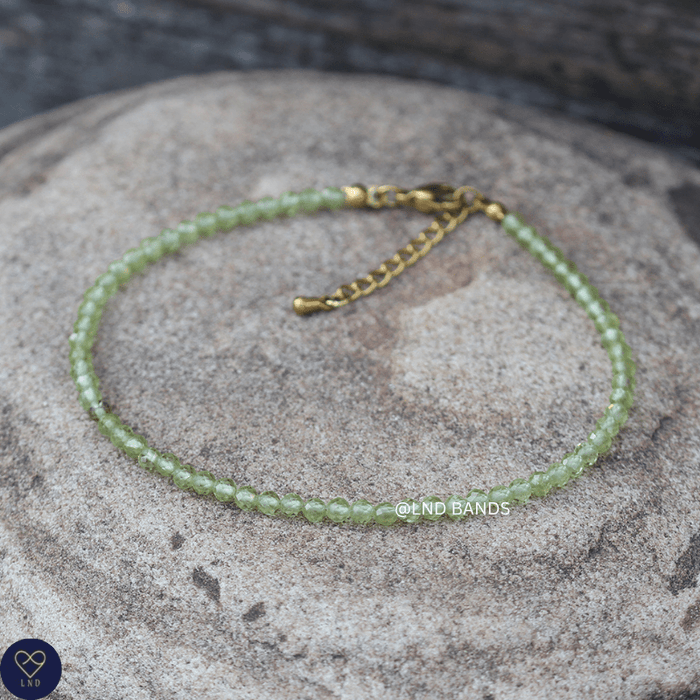 Anklet: Peridot 3mm Faceted, Meditation Bohemian Yoga Tibetan, balance harmony creativity - LND Bands
