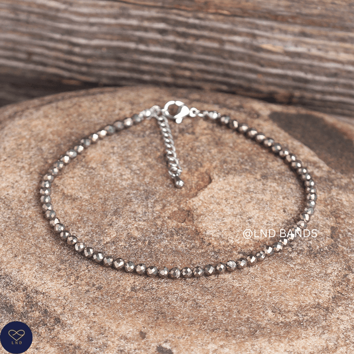 Anklet: Pyrite 3mm Faceted, Meditation Bohemian Yoga Tibetan, prosperity abundance - LND Bands
