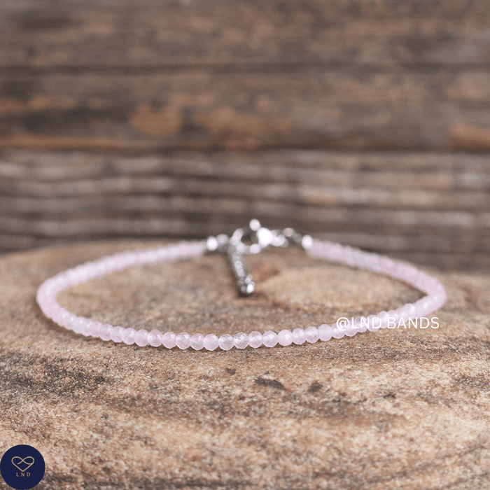 Anklet: Rose Quartz 3mm Faceted, Meditation Bohemian Yoga Tibetan, love calming - LND Bands