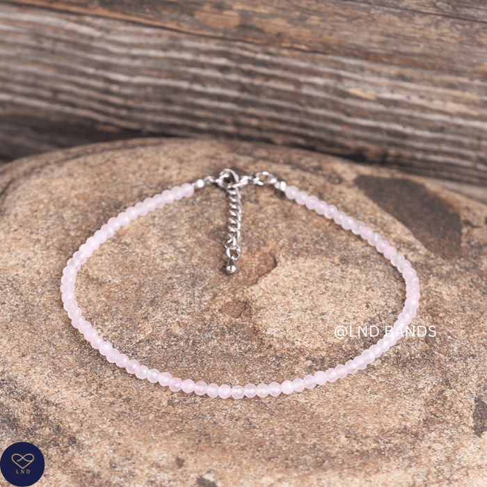 Anklet: Rose Quartz 3mm Faceted, Meditation Bohemian Yoga Tibetan, love calming - LND Bands