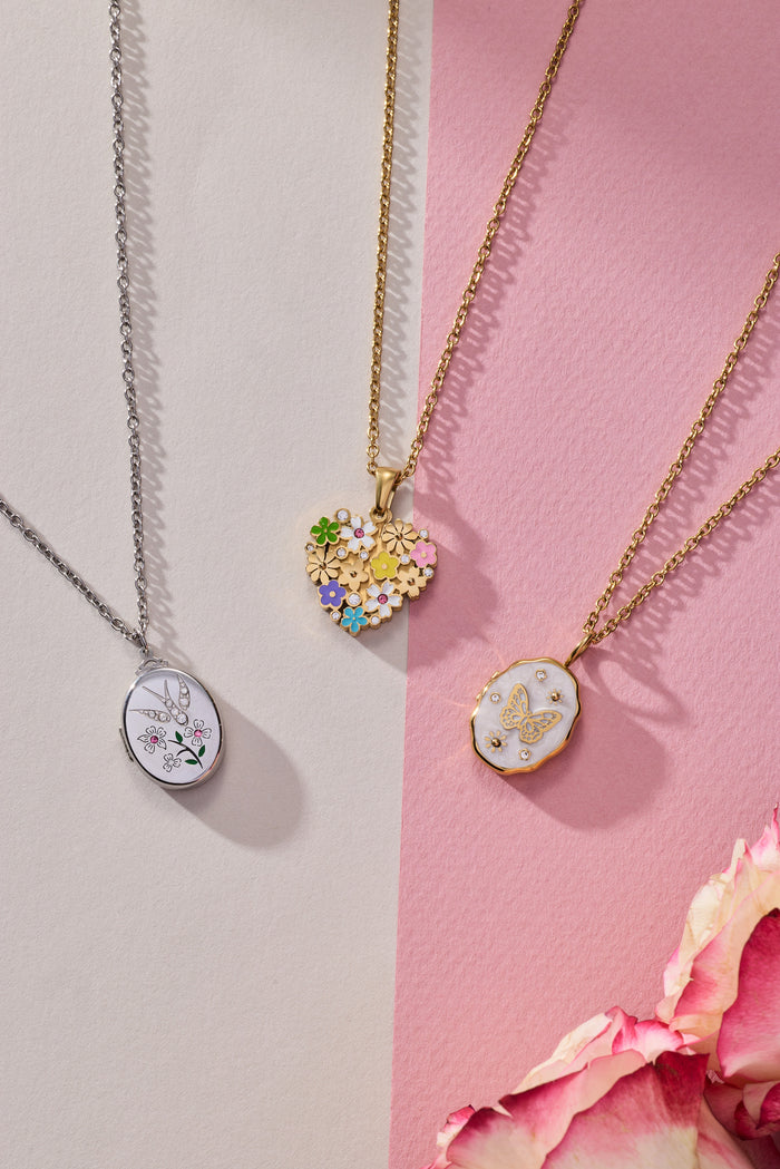 Blossoming Flowers Enamel Locket Pendant Necklace