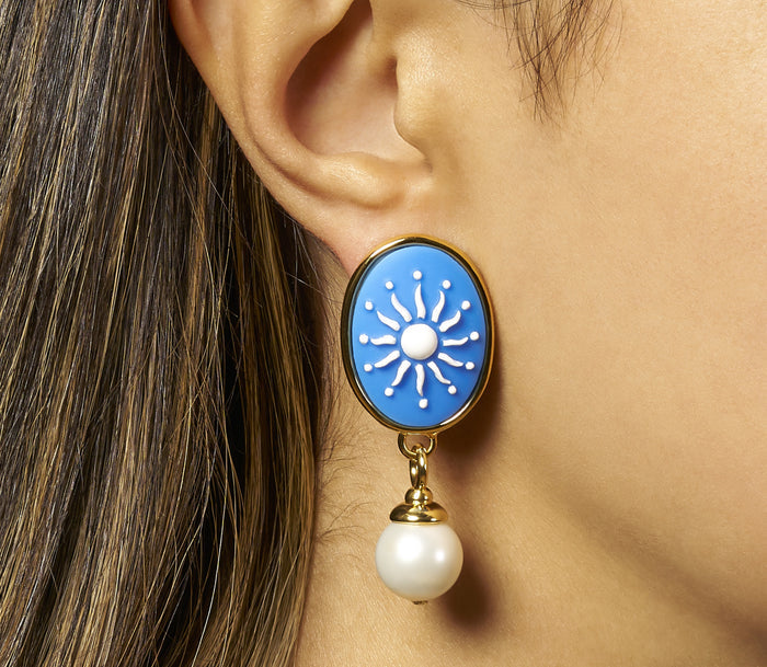 Blu Sunshine Cameo + Pearl Earring