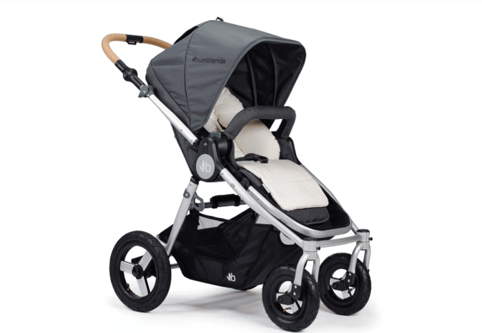 Gray and silver baby stroller with Bumbleride Organic Cotton Infant Insert for Toshi Baby