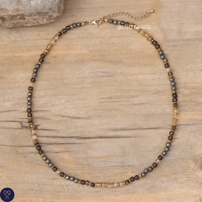 Citrine, Smoky Quartz, Tiger Eye, Pyrite Bead Necklace: Yoga, Adjustable, elegant - LND Bands