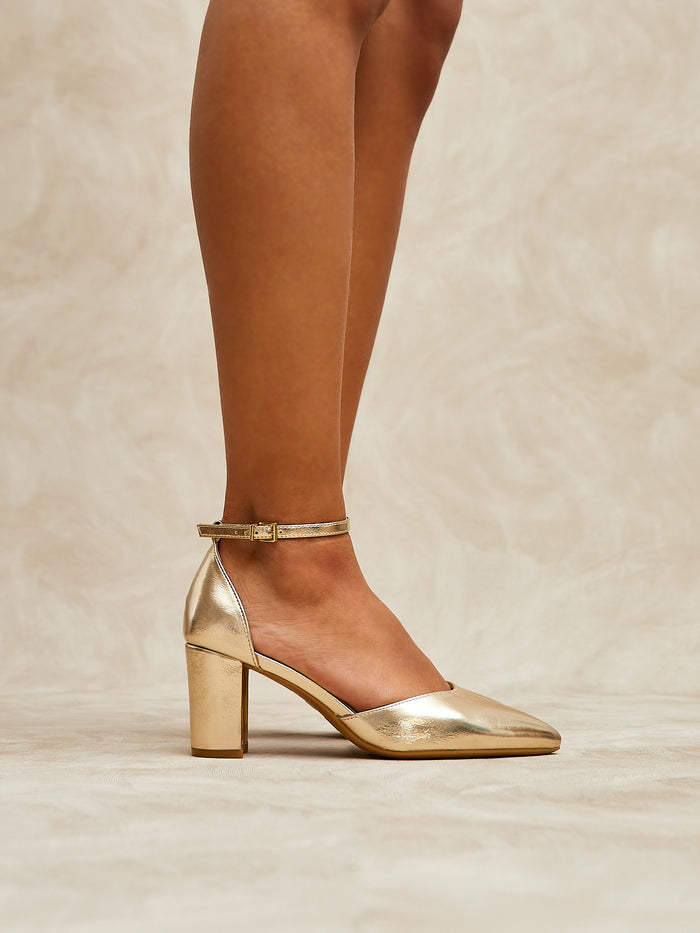 Davina Wide Fit Gold Faux Leather Court Heels