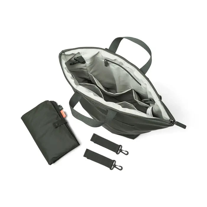 Open gray deer changing backpack with accessories made from recycled polyester