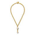 Gold chain necklace with pearl pendants on a white background