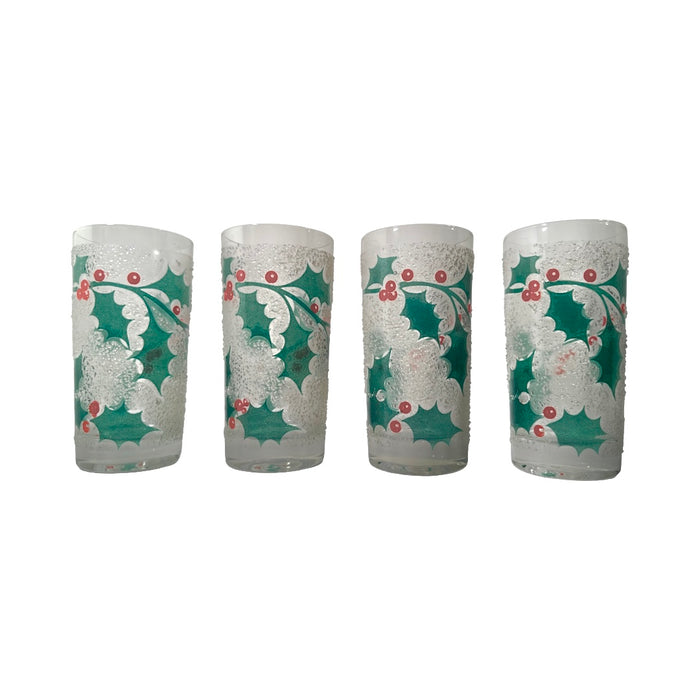 Fred Press Mid-Century Frosted Christmas Holly Glasses (Set of 4)