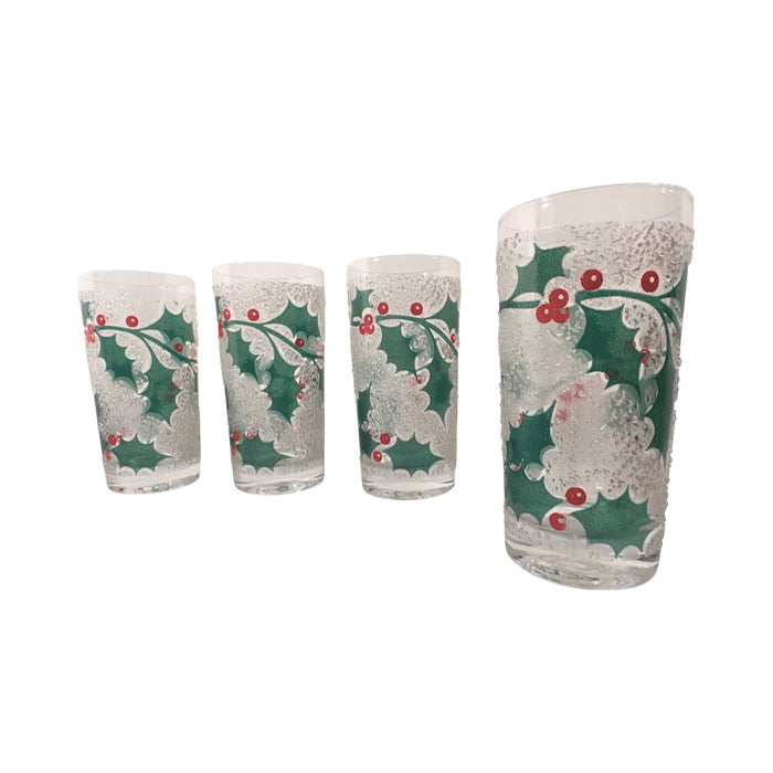 Fred Press Mid-Century Frosted Christmas Holly Glasses (Set of 4)