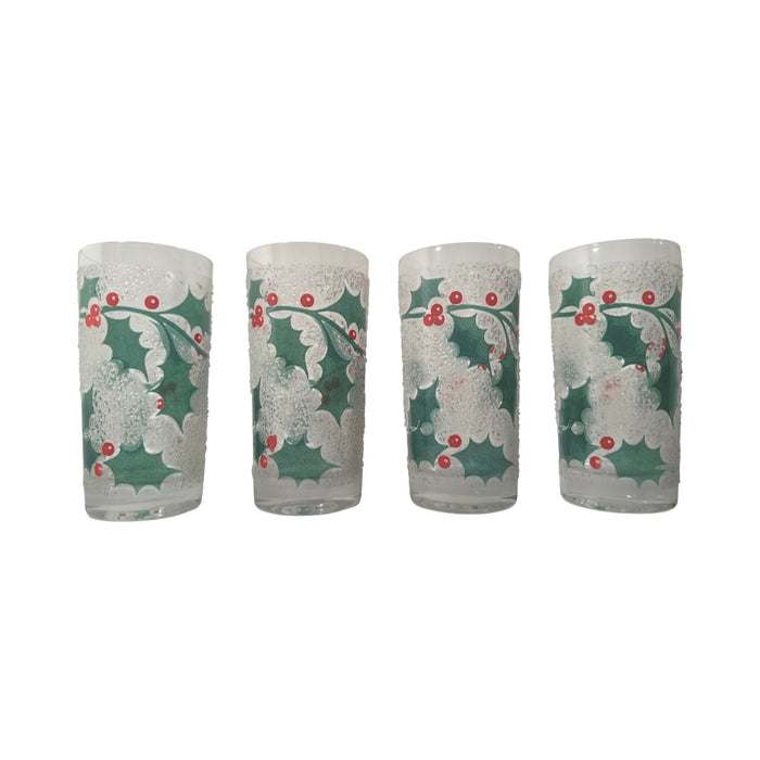 Fred Press Mid-Century Frosted Christmas Holly Glasses (Set of 4)