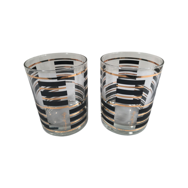 Georges Briard Signed Gold and Black Geometric Double Old Fashion Glasses (Set of 2)