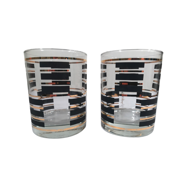 Georges Briard Signed Gold and Black Geometric Double Old Fashion Glasses (Set of 2)