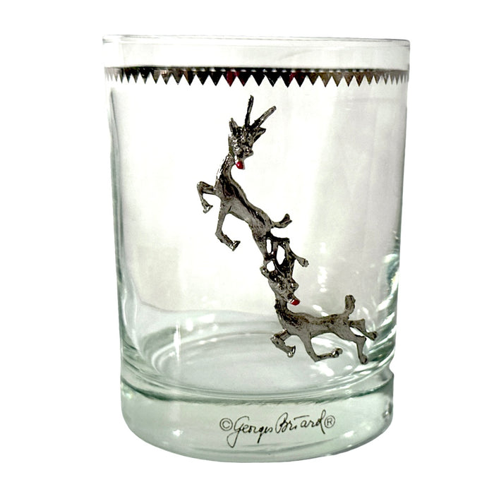 Georges Briard Signed Mid-Century Silver Rudolph the Red Nose Reindeer Double Old Fashion Single Glass