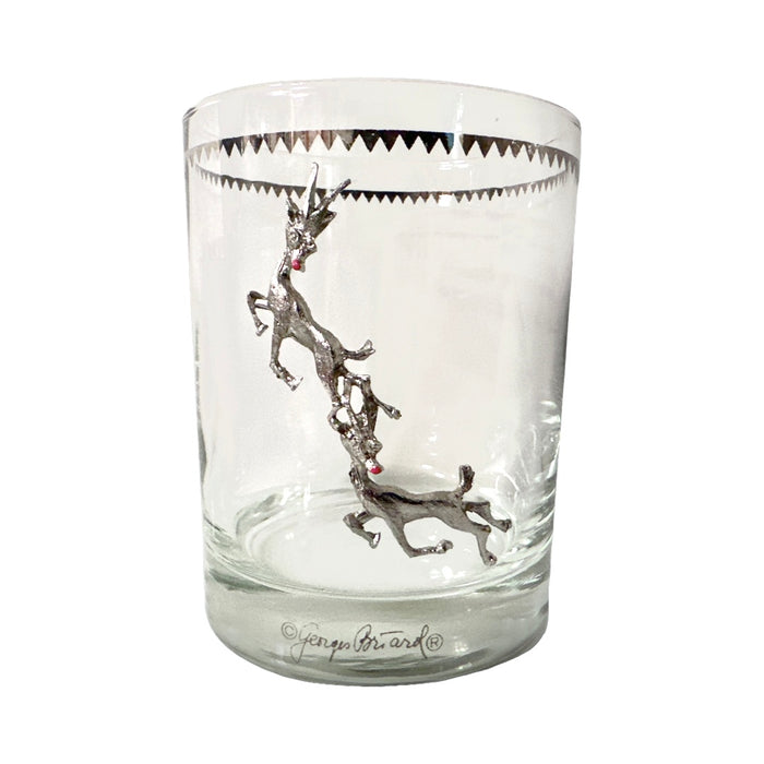 Georges Briard Signed Mid-Century Silver Rudolph the Red Nose Reindeer Double Old Fashion Single Glass