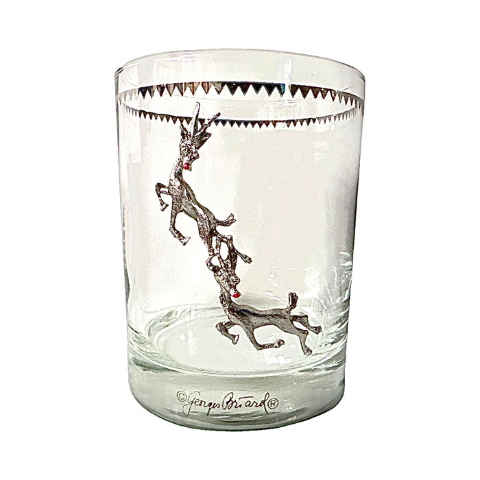 Georges Briard Signed Mid-Century Silver Rudolph the Red Nose Reindeer Double Old Fashion Single Glass