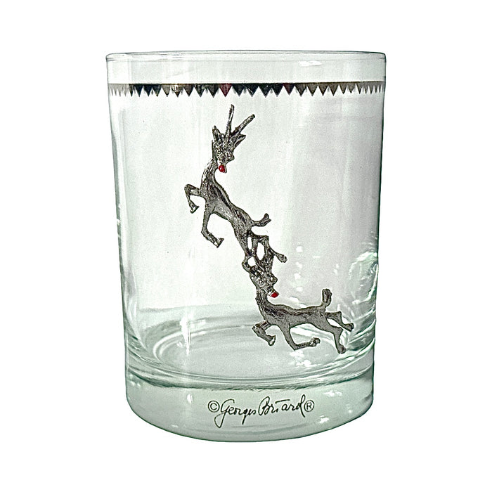 Georges Briard Signed Mid-Century Silver Rudolph the Red Nose Reindeer Double Old Fashion Single Glass