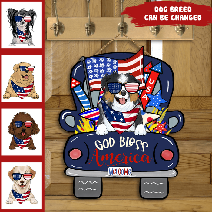God Bless America - Personalized Wood Door sign, Happy Independence Day, 4th of July Decor, Gift For Dog Lover