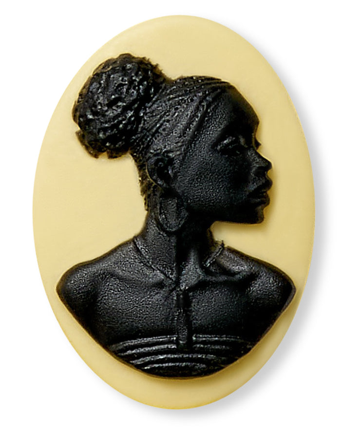 Black silhouette of a woman on a beige oval background
