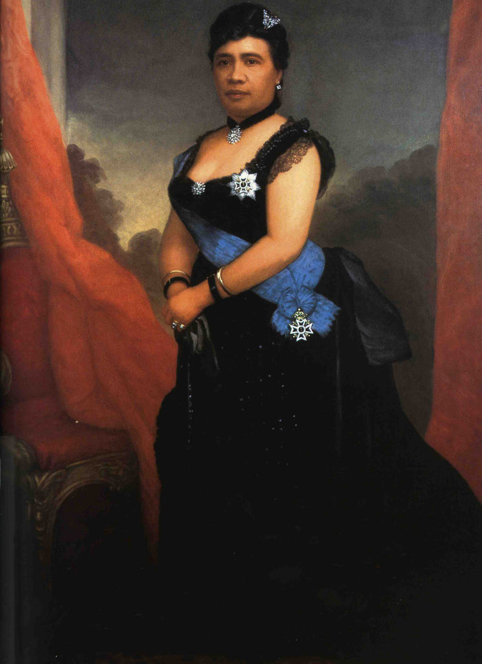 Example of a page from Hawaiian Heirloom Jewelry book with a Portrait of Queen Liliuokalani by William Cogsswell. Courtesy The Friends of Iolani Palace.
