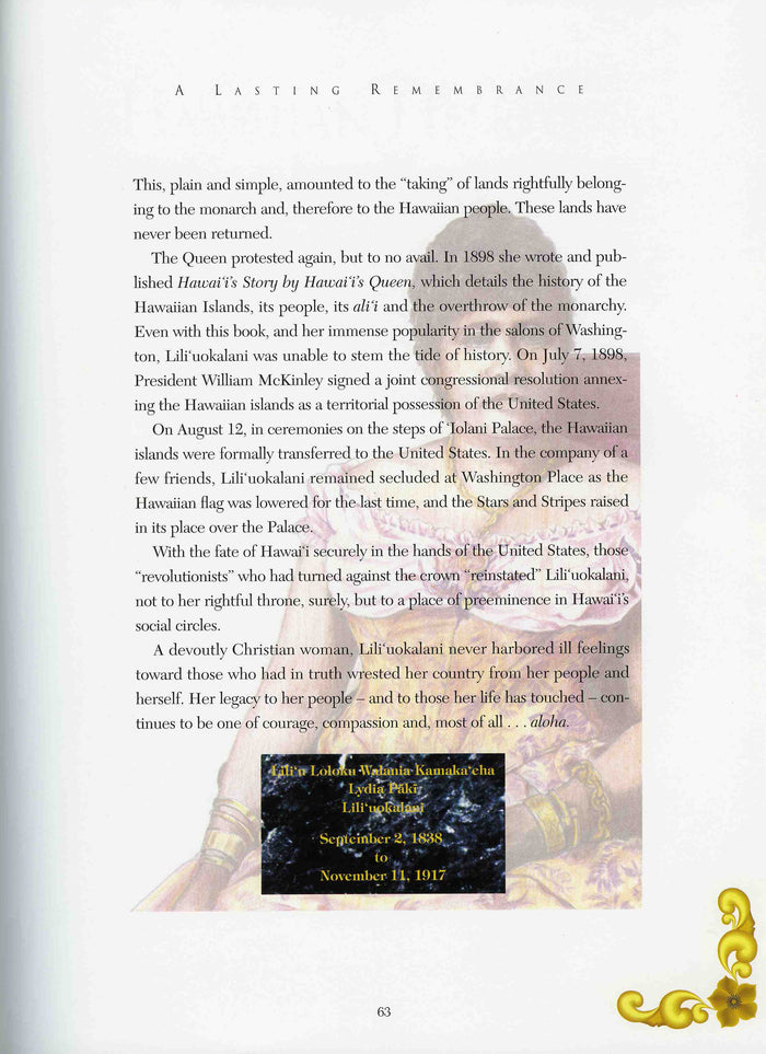 Example of a page from Hawaiian Heirloom Jewelry book with trait and a portrait drawing of Queen Liliuakalani