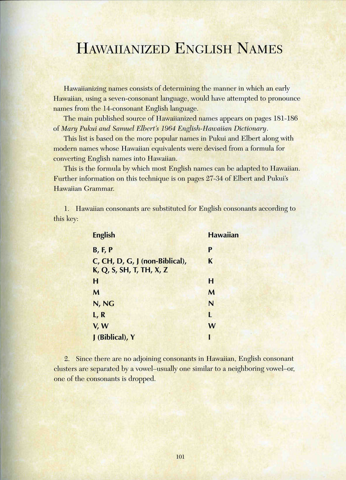 Example of a page from Hawaiian Heirloom Jewelry book with a Hawaiianized English Names