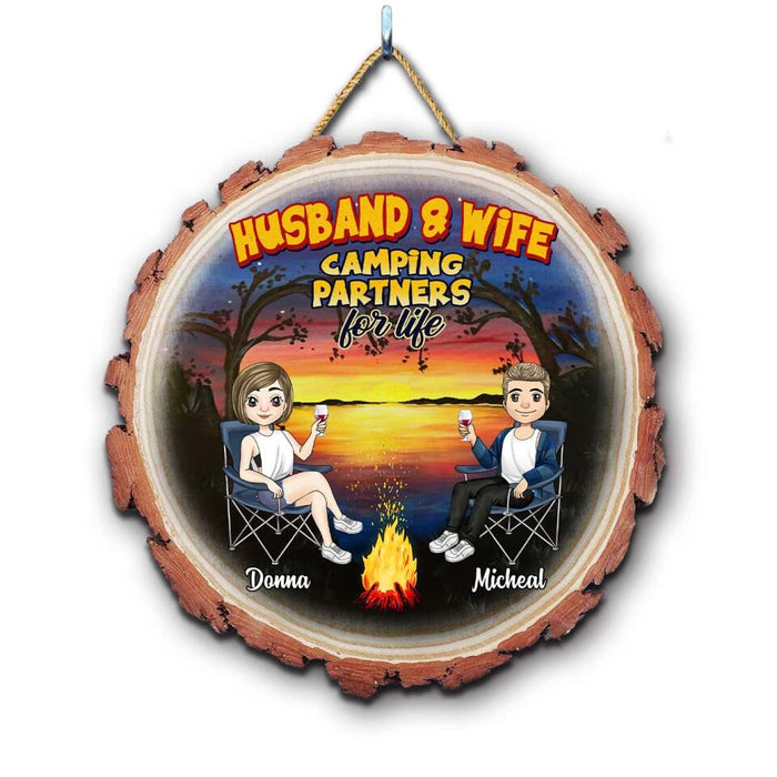 Husband and Wife Camping Partners For Life - Personalized Wooden Door Sign, Gift For Camper