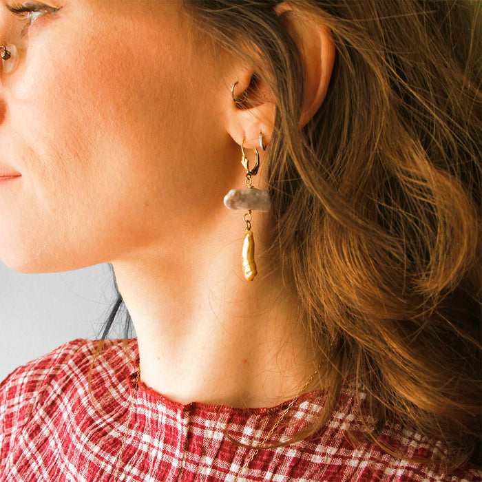 MOROKA Freshwater Pearl Grey and Gold Leverback Earrings