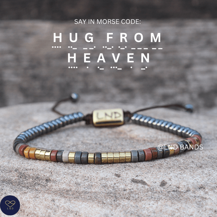 Morse code HUG FROM HEAVEN Grey Hematite Picasso Jasper Adjustable Memorial Bracelet, meaningful sympathy bracelet, loss of loved one - LND Bands