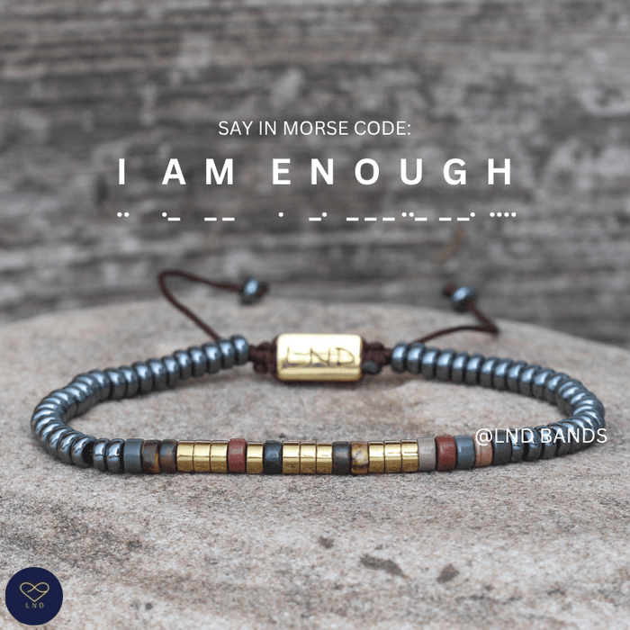 Morse code I AM ENOUGH Grey Hematite Picasso Jasper Bracelet, Adjustable Affirmation Bracelet, motivational encouraging meaningful bracelet - LND Bands