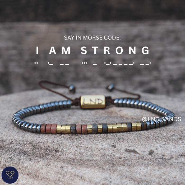 Morse code I AM STRONG Picasso Jasper Grey Hematite Bracelet, Adjustable Affirmation Bracelet, motivational encouraging strength bracelet - LND Bands