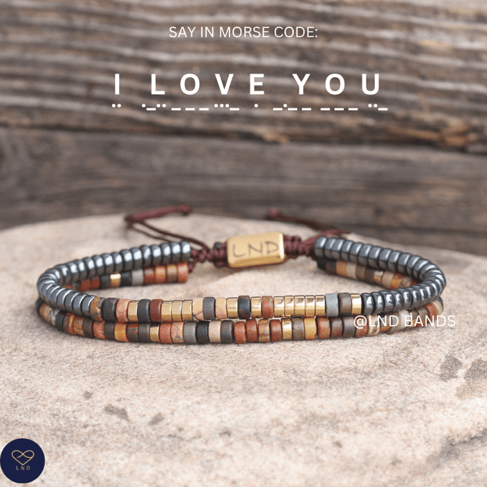 Morse code I LOVE YOU Picasso Jasper Bracelet, Adjustable Bohemian Bracelet, Ethnic, gift for loved one, distance bracelet - LND Bands