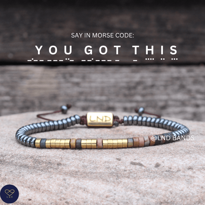 Morse code YOU GOT THIS Picasso Jasper Grey Hematite Bracelet, Adjustable Bohemian affirmational motivational bracelet, encouraging - LND Bands