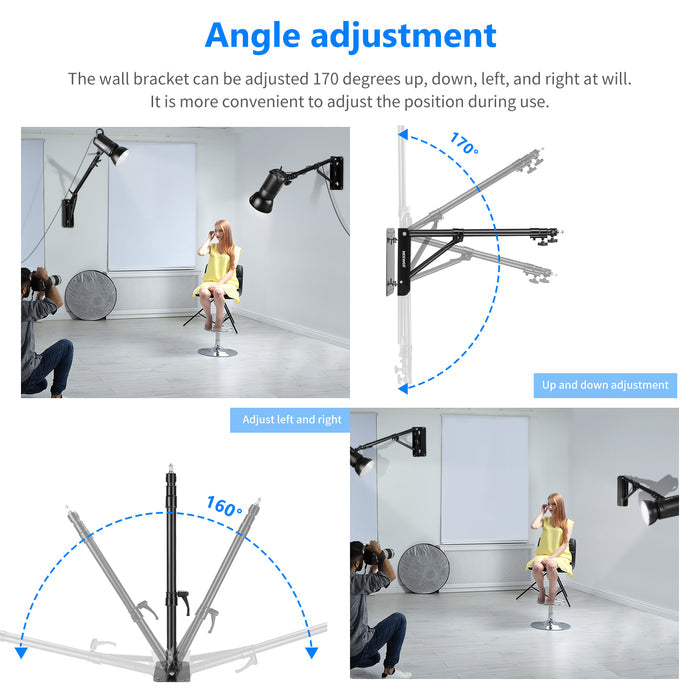 The wall bracket can be adjusted 170 degrees up, down, left, and right at will.