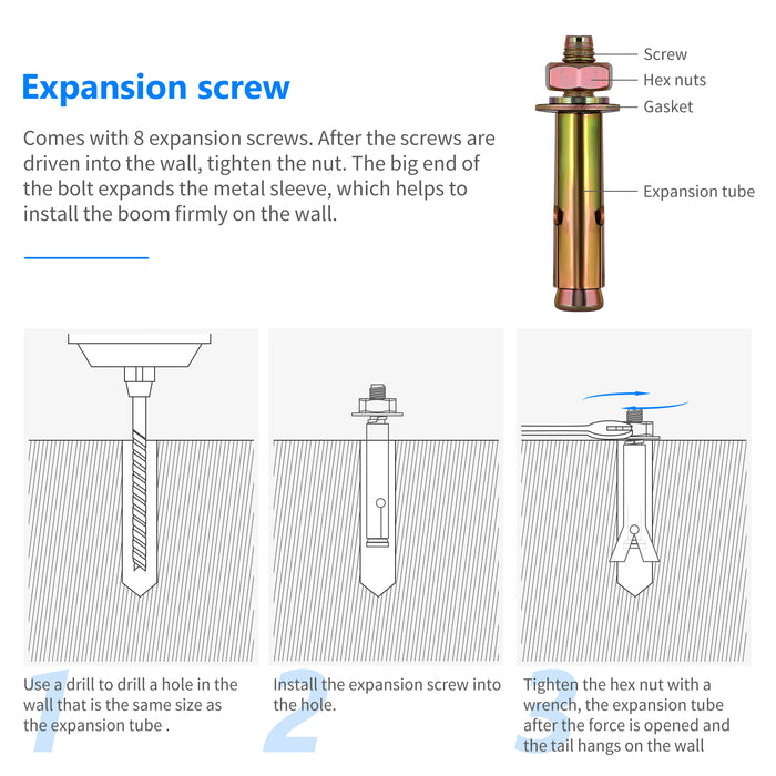 NEEWER 130CM Wall Mount Boom Arm comes with 8 expansion screws.