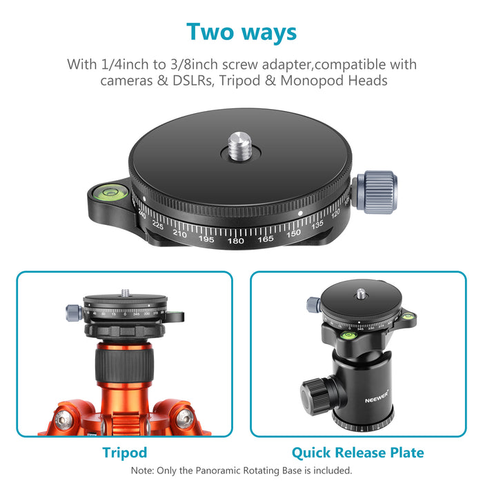 NEEWER Camera Panoramic Panning Base Kit includes a 1/4inch to 3/8inch Screw Adapter