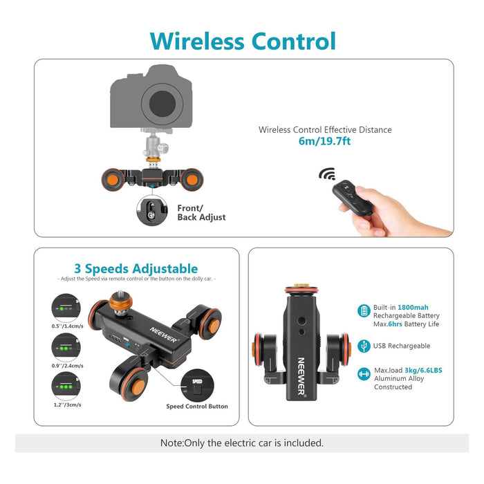 NEEWER DL100 3-Wheels Track Rail Slider Dolly supports wireless control.