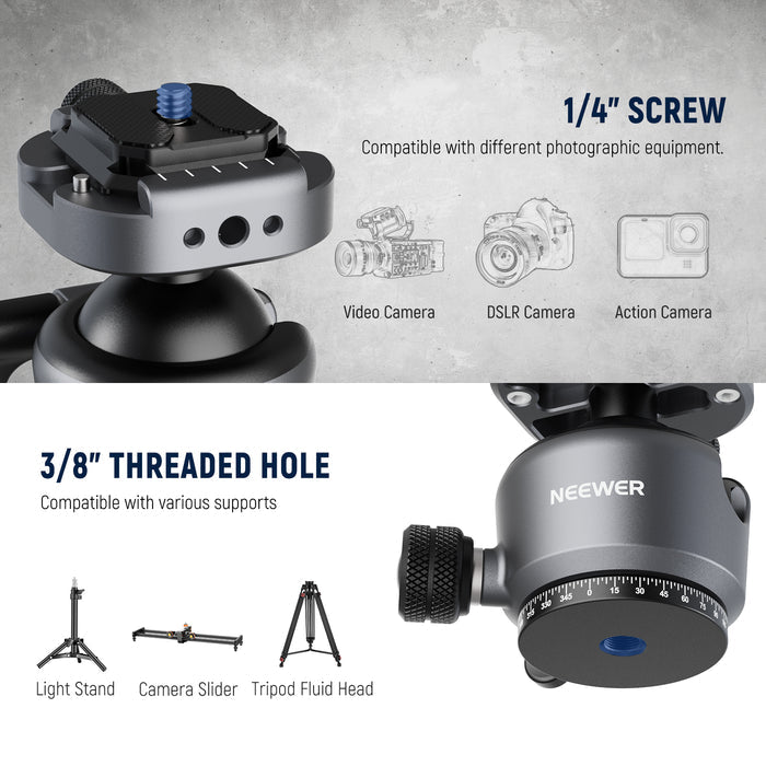 NEEWER GM41 Low Profile Tripod Ball Head features multiple mounting threads.