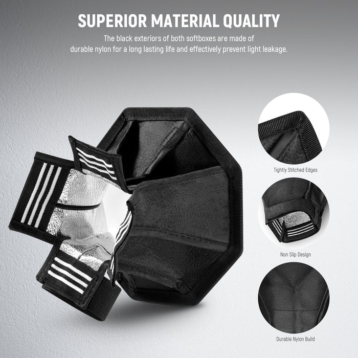 The black exteriors of both softboxes are made of durable nylon for a long lasting life