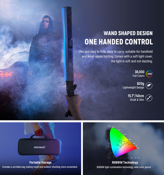 NEEWER RGB2 LED Tube Light Stick with Metal Barndoor is suitable for handheld.