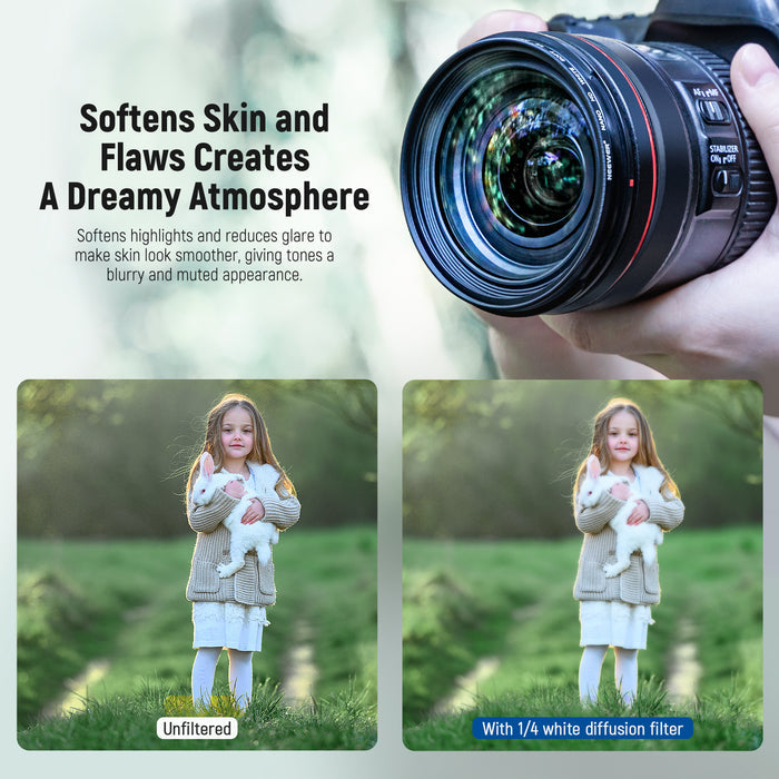 NEEWER Soft White Diffusion 1/4 Filter softens skin.