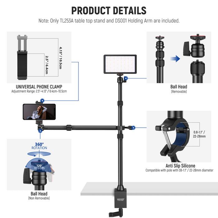 Product details of the NEEWER TL253A+DS001 Tabletop Overhead Camera Mount Stand